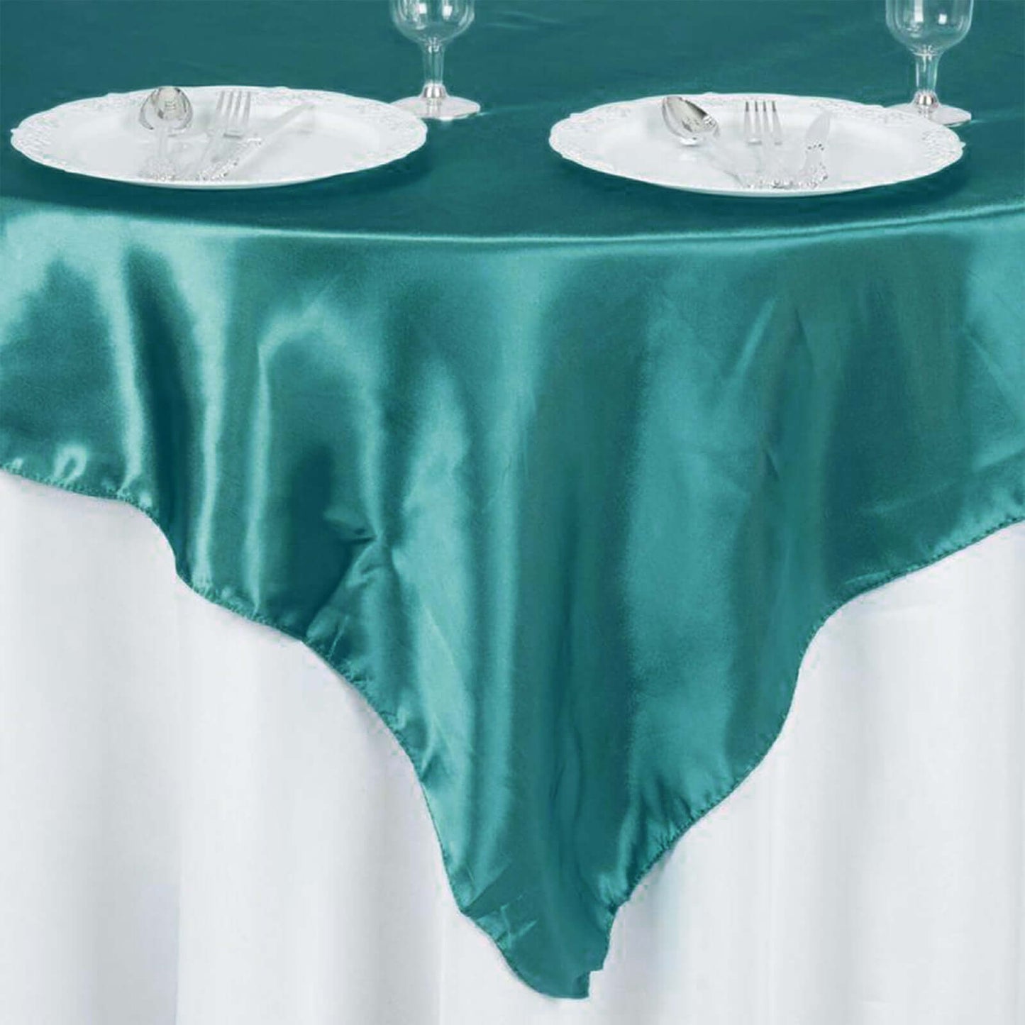 Satin 60"x60" Table Overlay Square Tablecloth Turquoise - Smooth Silky Touch Table Cover - Linen Luxes