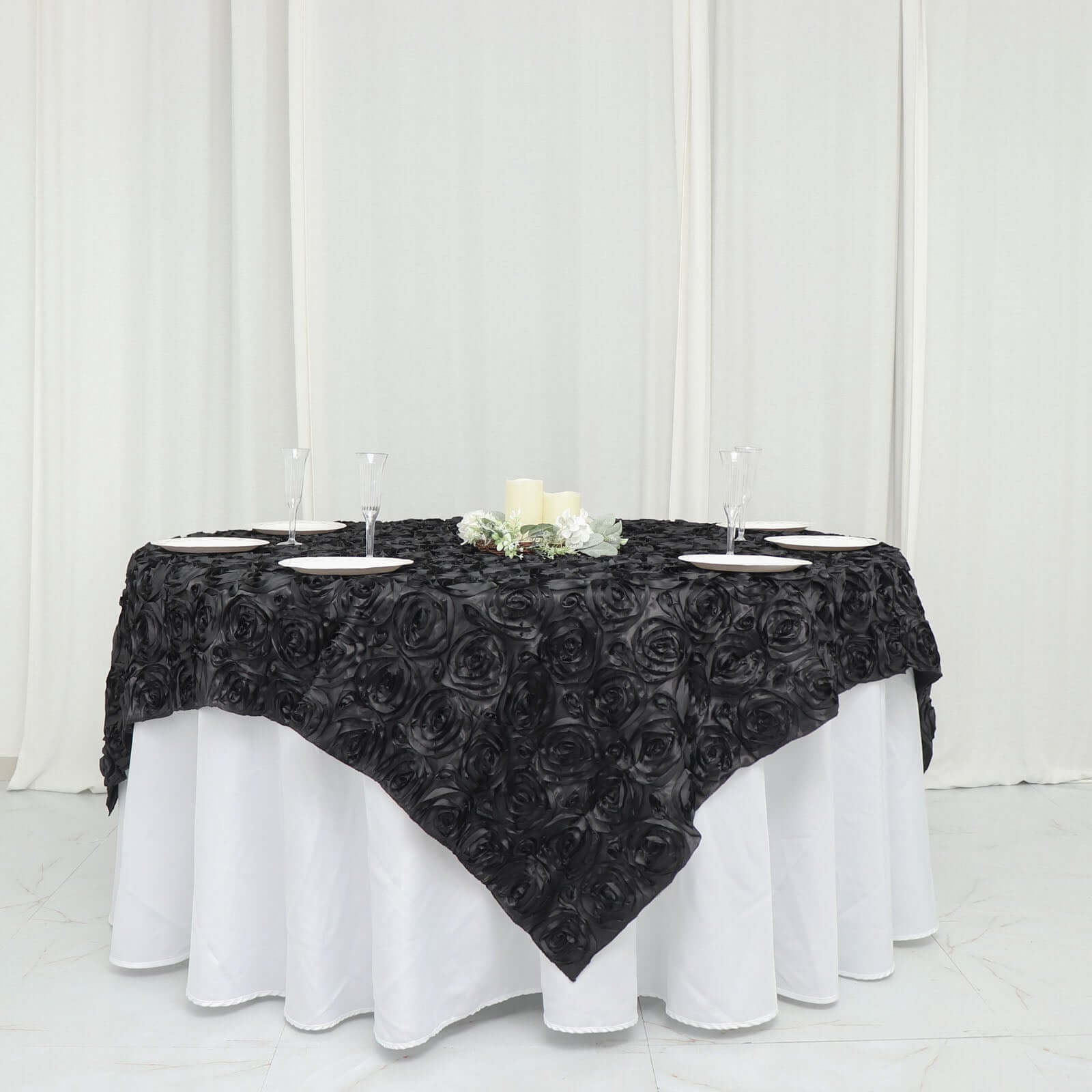 Satin 72"x72" Table Overlay Square Tablecloth Black - 3D Rosette Design for Stylish Occasions - Linen Luxes