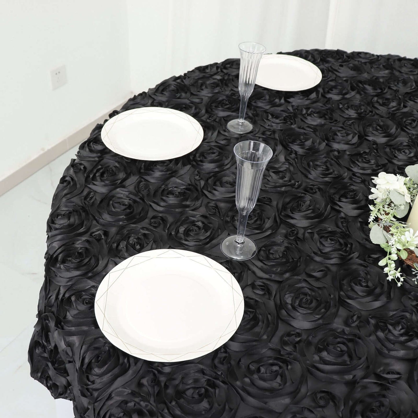 Satin 72"x72" Table Overlay Square Tablecloth Black - 3D Rosette Design for Stylish Occasions - Linen Luxes