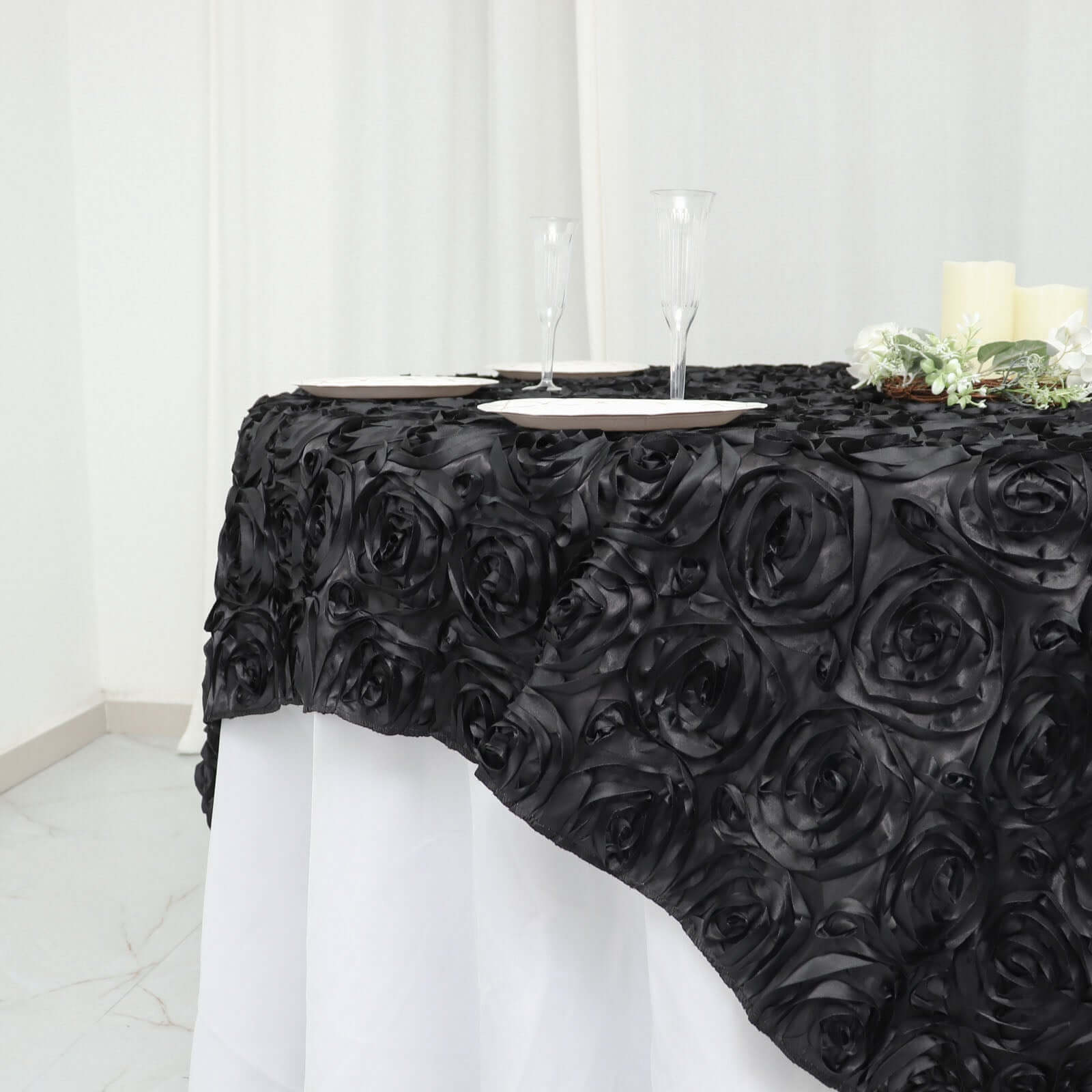 Satin 72"x72" Table Overlay Square Tablecloth Black - 3D Rosette Design for Stylish Occasions - Linen Luxes
