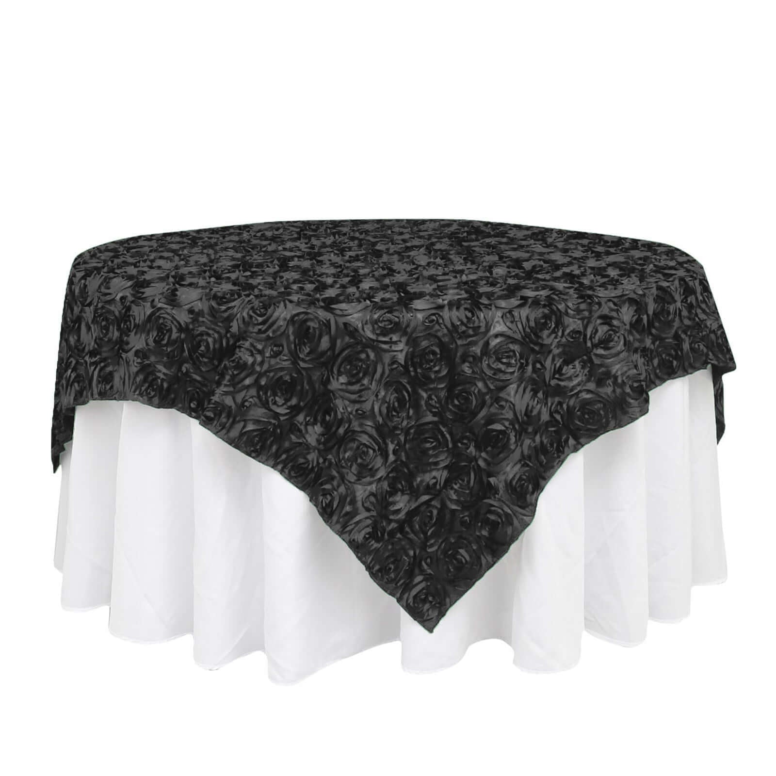Satin 72"x72" Table Overlay Square Tablecloth Black - 3D Rosette Design for Stylish Occasions - Linen Luxes