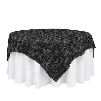 Satin 72"x72" Table Overlay Square Tablecloth Black - 3D Rosette Design for Stylish Occasions - Linen Luxes