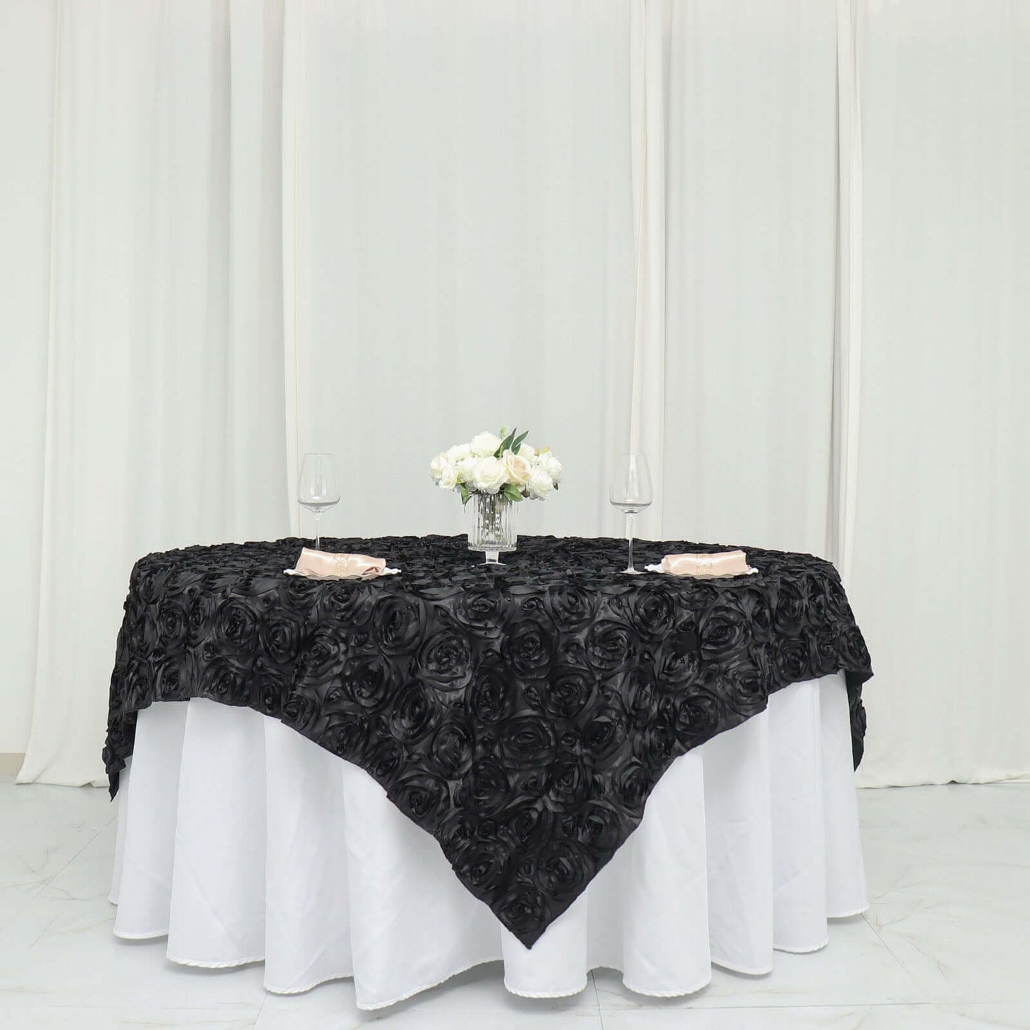 Satin 72"x72" Table Overlay Square Tablecloth Black - 3D Rosette Design for Stylish Occasions - Linen Luxes