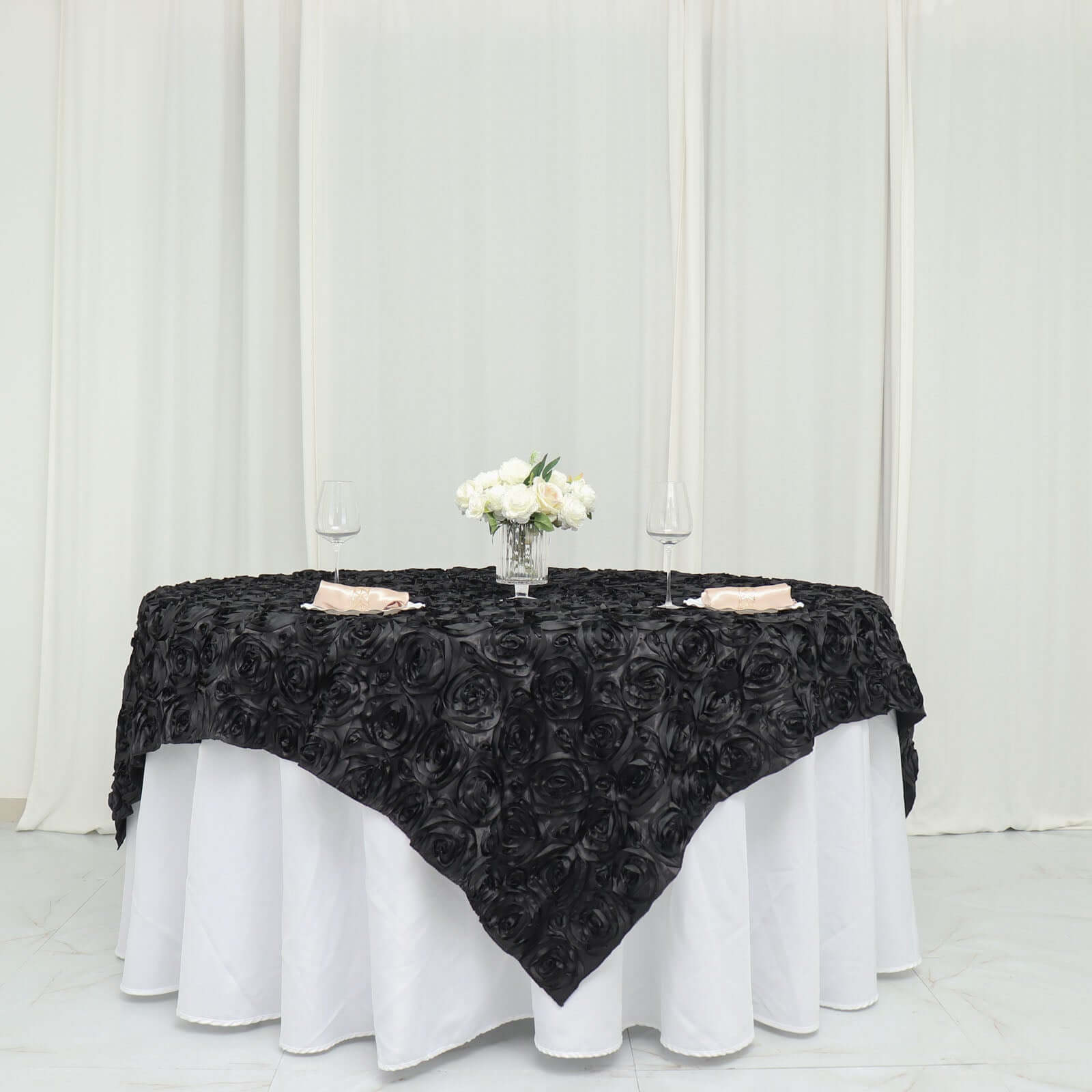 Satin 72"x72" Table Overlay Square Tablecloth Black - 3D Rosette Design for Stylish Occasions - Linen Luxes