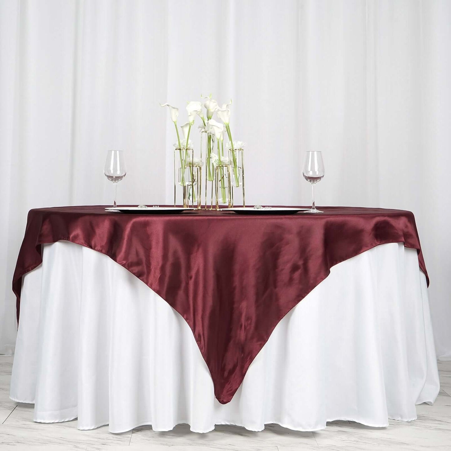 Satin 72"x72" Table Overlay Square Tablecloth Burgundy - Smooth Finish Table Cover - Linen Luxes