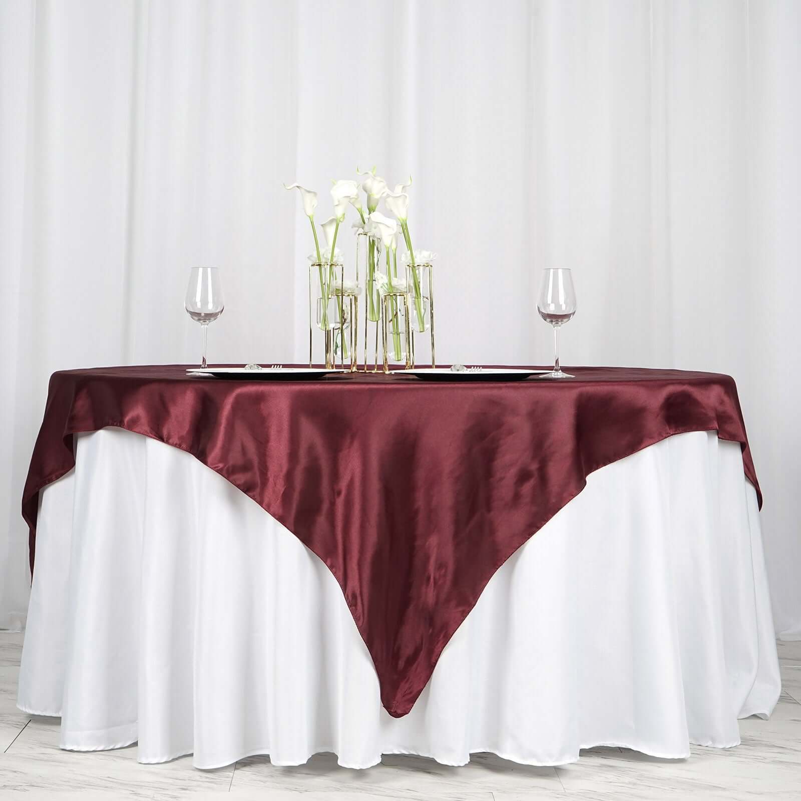 Satin 72"x72" Table Overlay Square Tablecloth Burgundy - Smooth Finish Table Cover - Linen Luxes