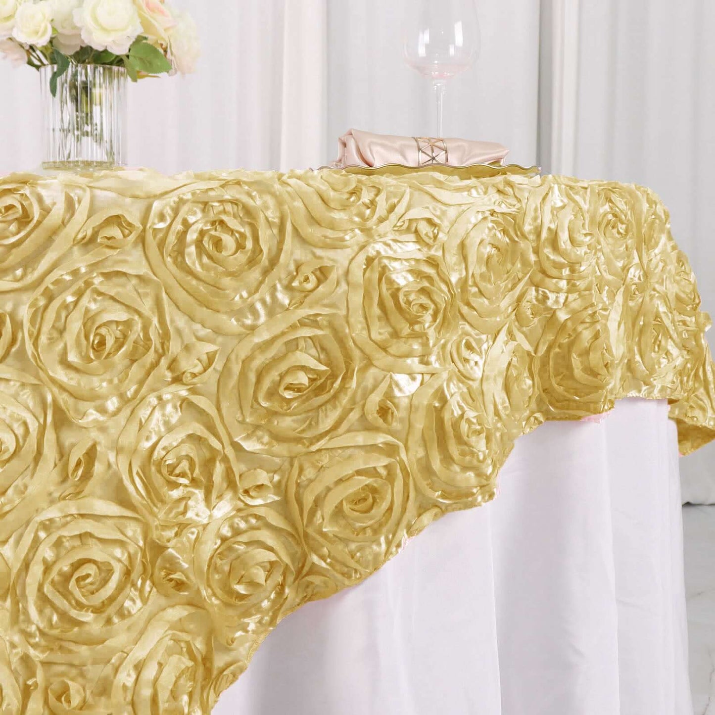 Satin 72"x72" Table Overlay Square Tablecloth Champagne - 3D Rosette Table Cover - Linen Luxes