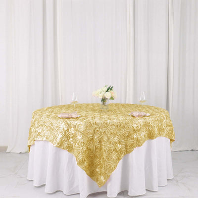 Satin 72"x72" Table Overlay Square Tablecloth Champagne - 3D Rosette Table Cover - Linen Luxes