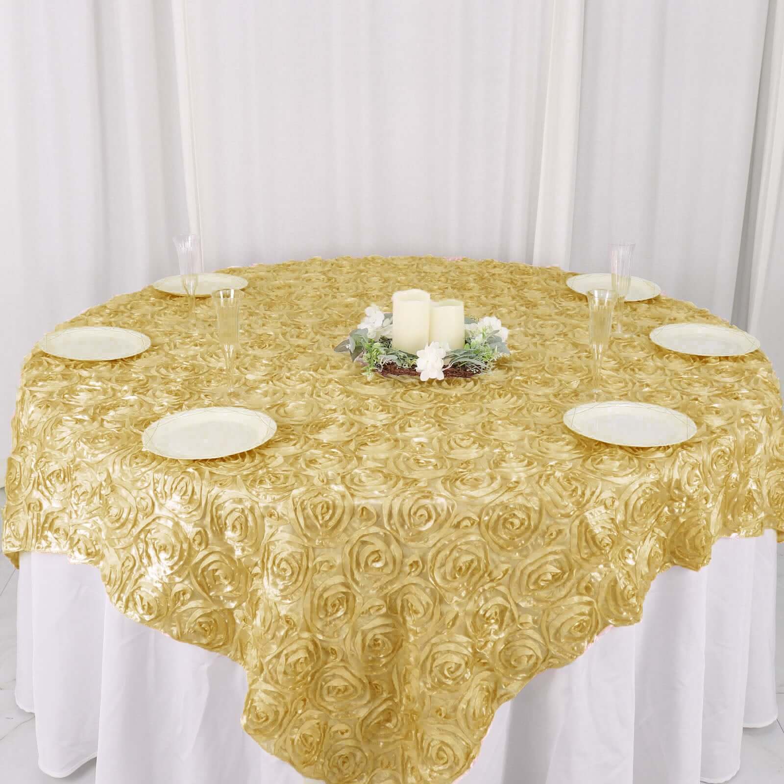 Satin 72"x72" Table Overlay Square Tablecloth Champagne - 3D Rosette Table Cover - Linen Luxes