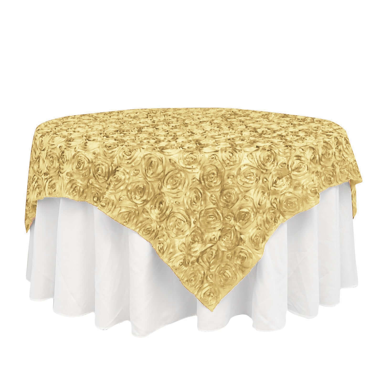 Satin 72"x72" Table Overlay Square Tablecloth Champagne - 3D Rosette Table Cover - Linen Luxes