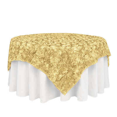 Satin 72"x72" Table Overlay Square Tablecloth Champagne - 3D Rosette Table Cover - Linen Luxes