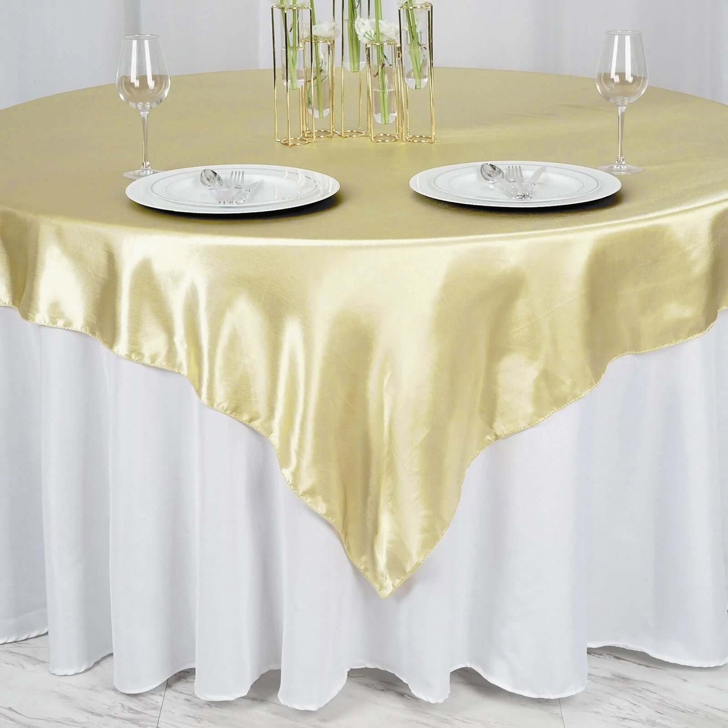 Satin 72"x72" Table Overlay Square Tablecloth Champagne - Smooth Finish Table Cover - Linen Luxes