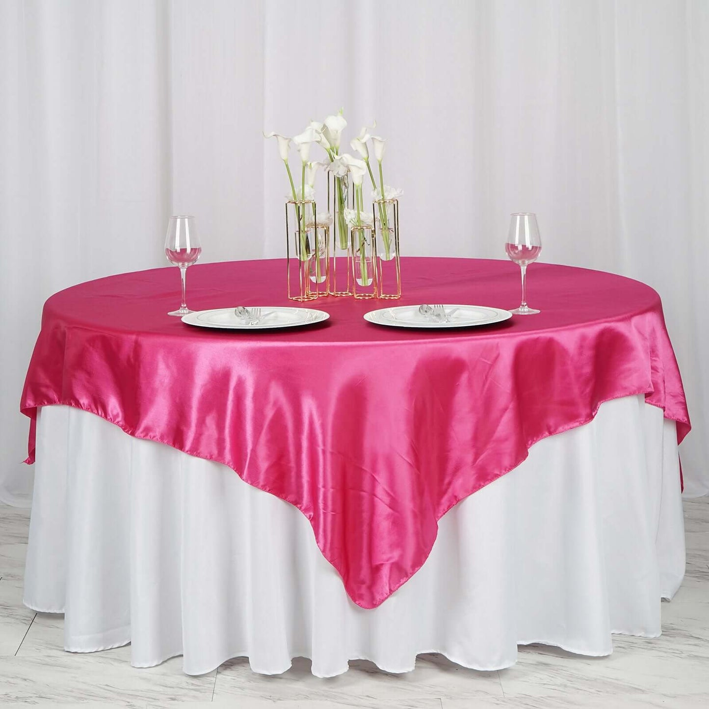 Satin 72"x72" Table Overlay Square Tablecloth Fuchsia - Smooth Finish Table Cover - Linen Luxes