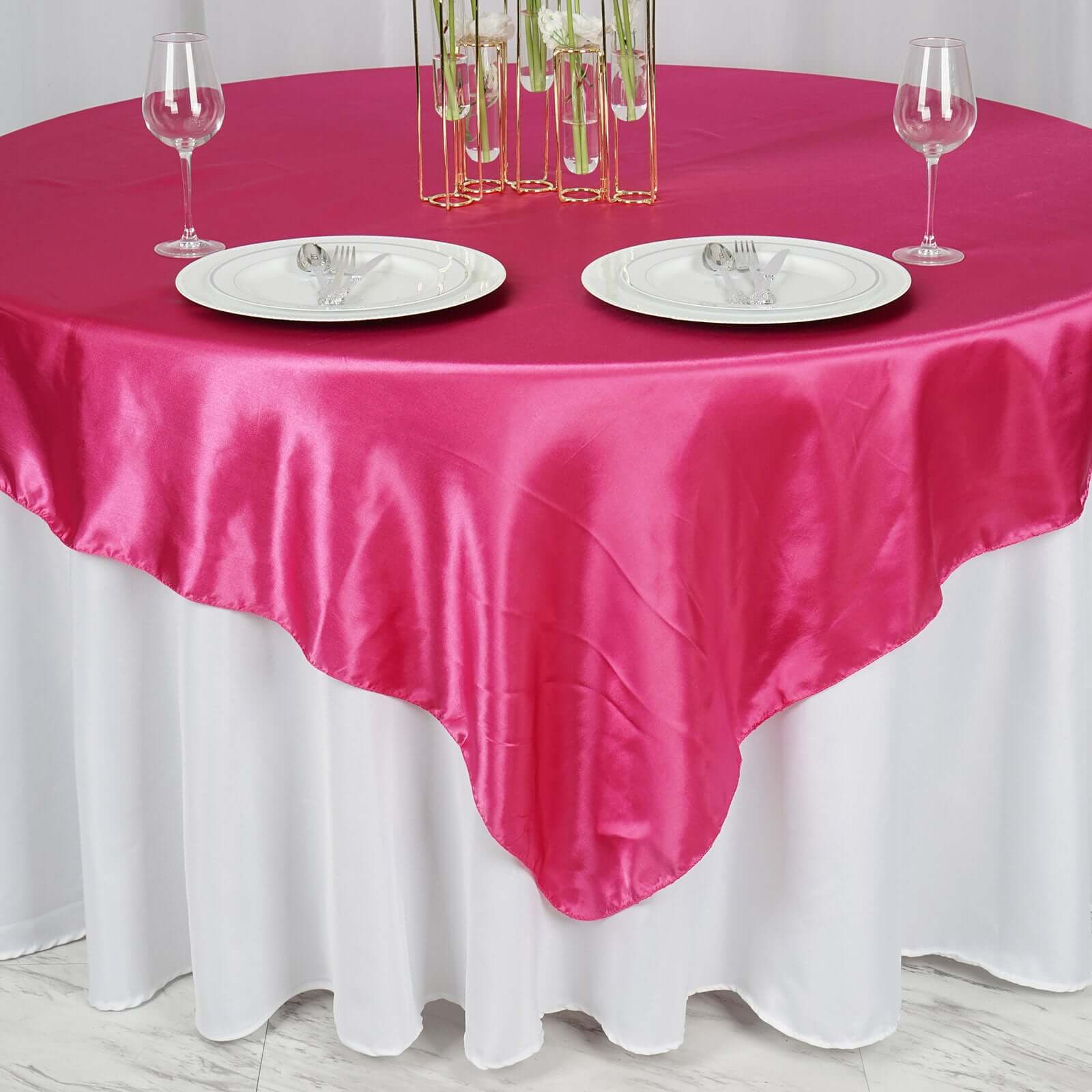 Satin 72"x72" Table Overlay Square Tablecloth Fuchsia - Smooth Finish Table Cover - Linen Luxes
