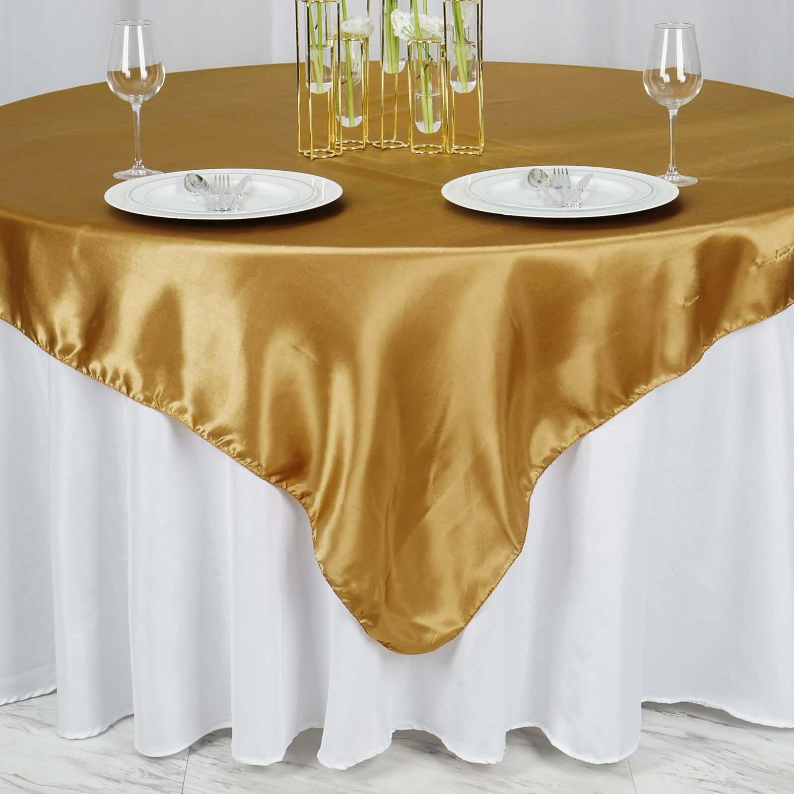 Satin 72"x72" Table Overlay Square Tablecloth Gold - Smooth Finish for Luxurious Events - Linen Luxes