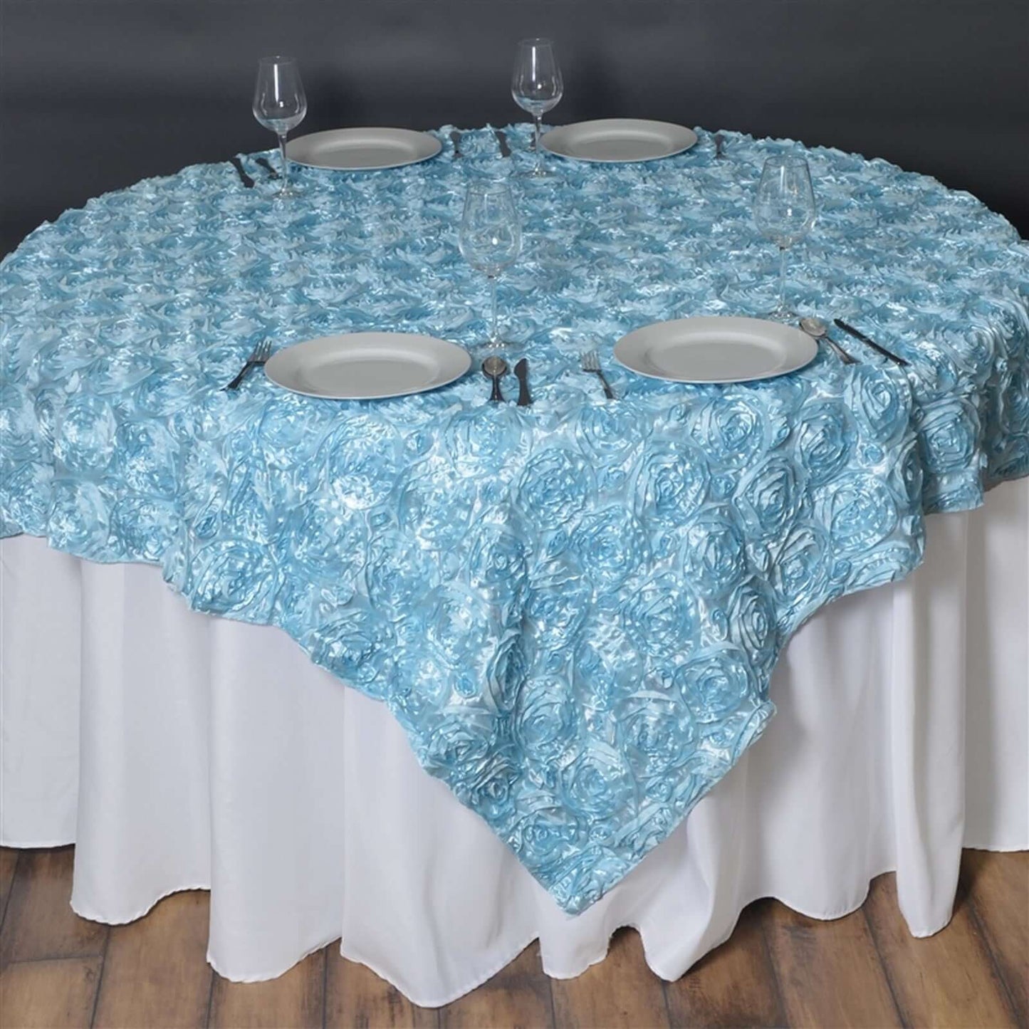 Satin 72"x72" Table Overlay Square Tablecloth Light Blue - 3D Rosette Table Cover - Linen Luxes