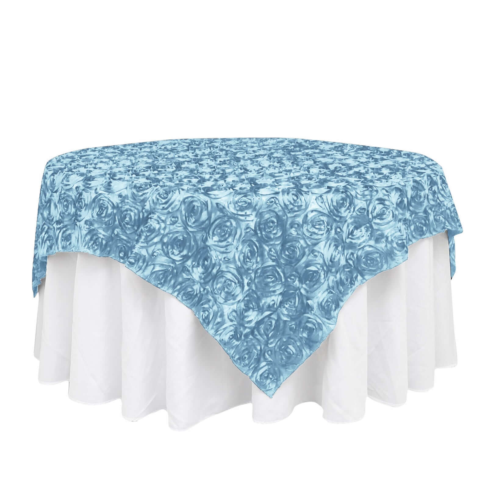 Satin 72"x72" Table Overlay Square Tablecloth Light Blue - 3D Rosette Table Cover - Linen Luxes