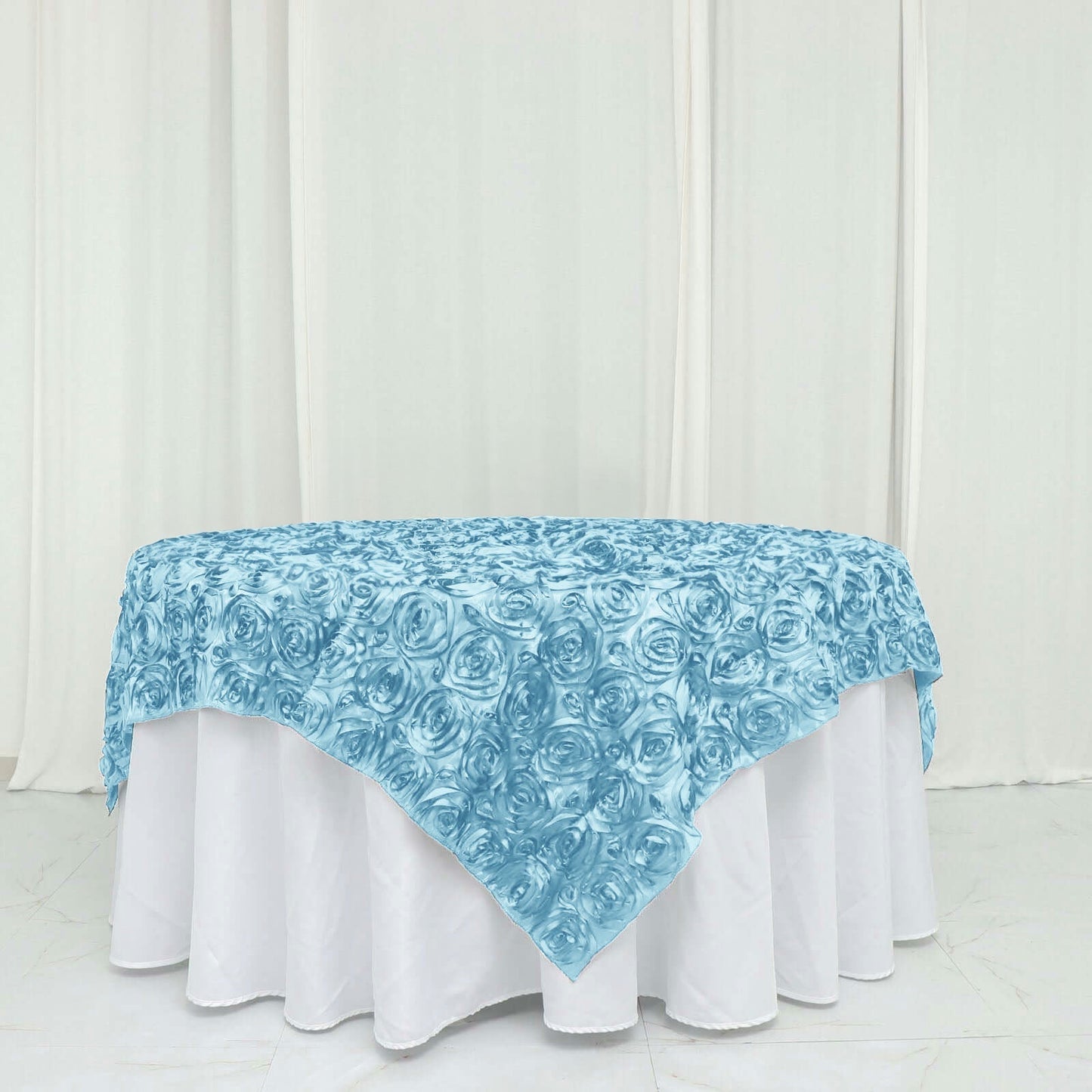 Satin 72"x72" Table Overlay Square Tablecloth Light Blue - 3D Rosette Table Cover - Linen Luxes