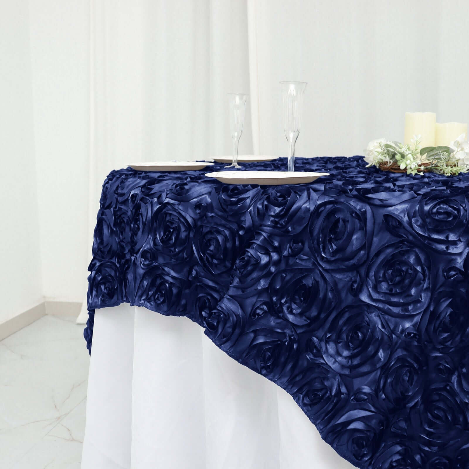 Satin 72"x72" Table Overlay Square Tablecloth Navy Blue - 3D Rosette Table Cover - Linen Luxes