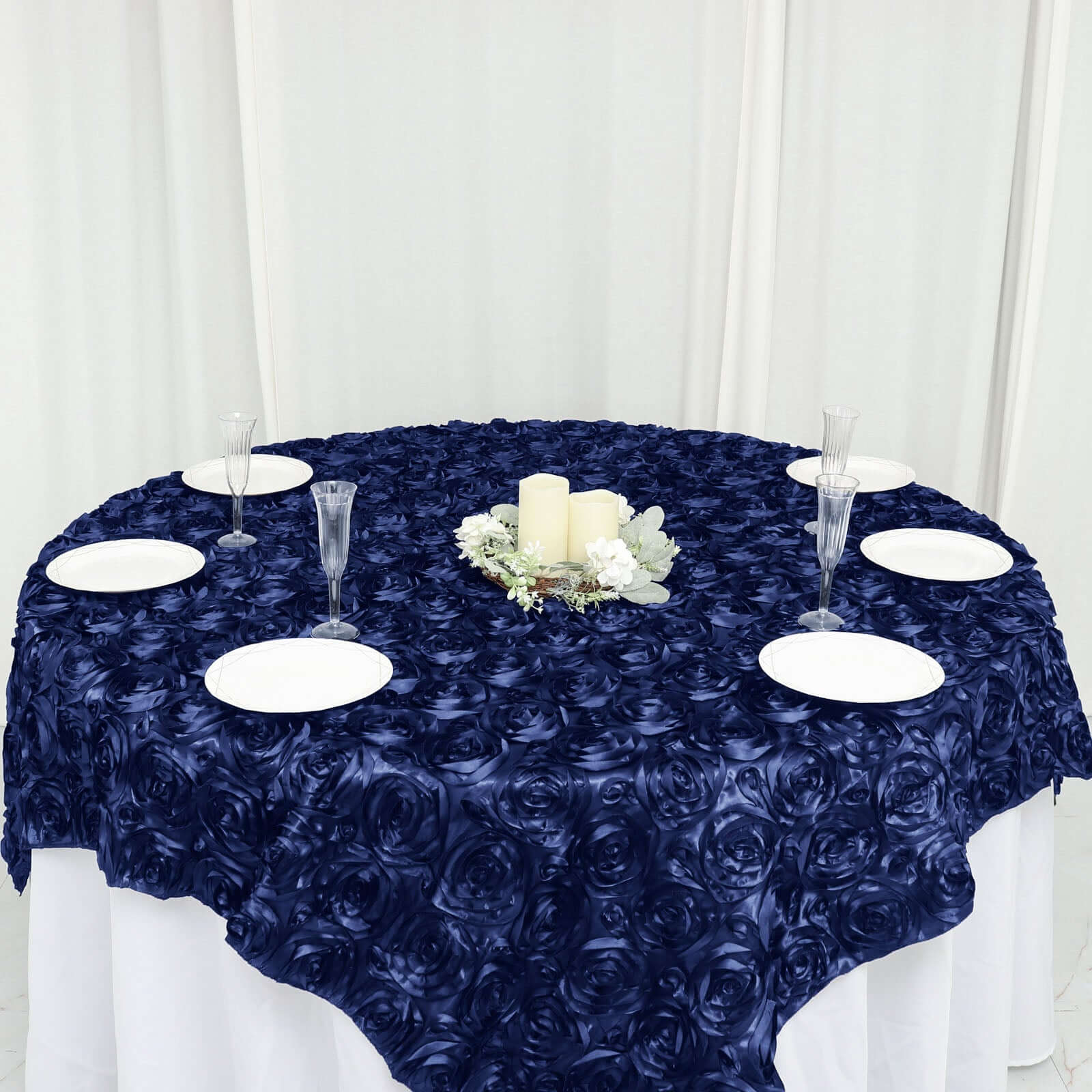 Satin 72"x72" Table Overlay Square Tablecloth Navy Blue - 3D Rosette Table Cover - Linen Luxes