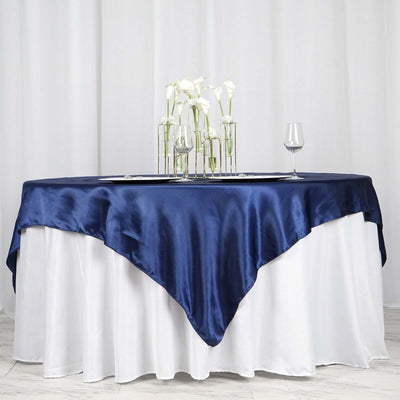 Satin 72"x72" Table Overlay Square Tablecloth Navy Blue - Smooth Finish Table Cover - Linen Luxes