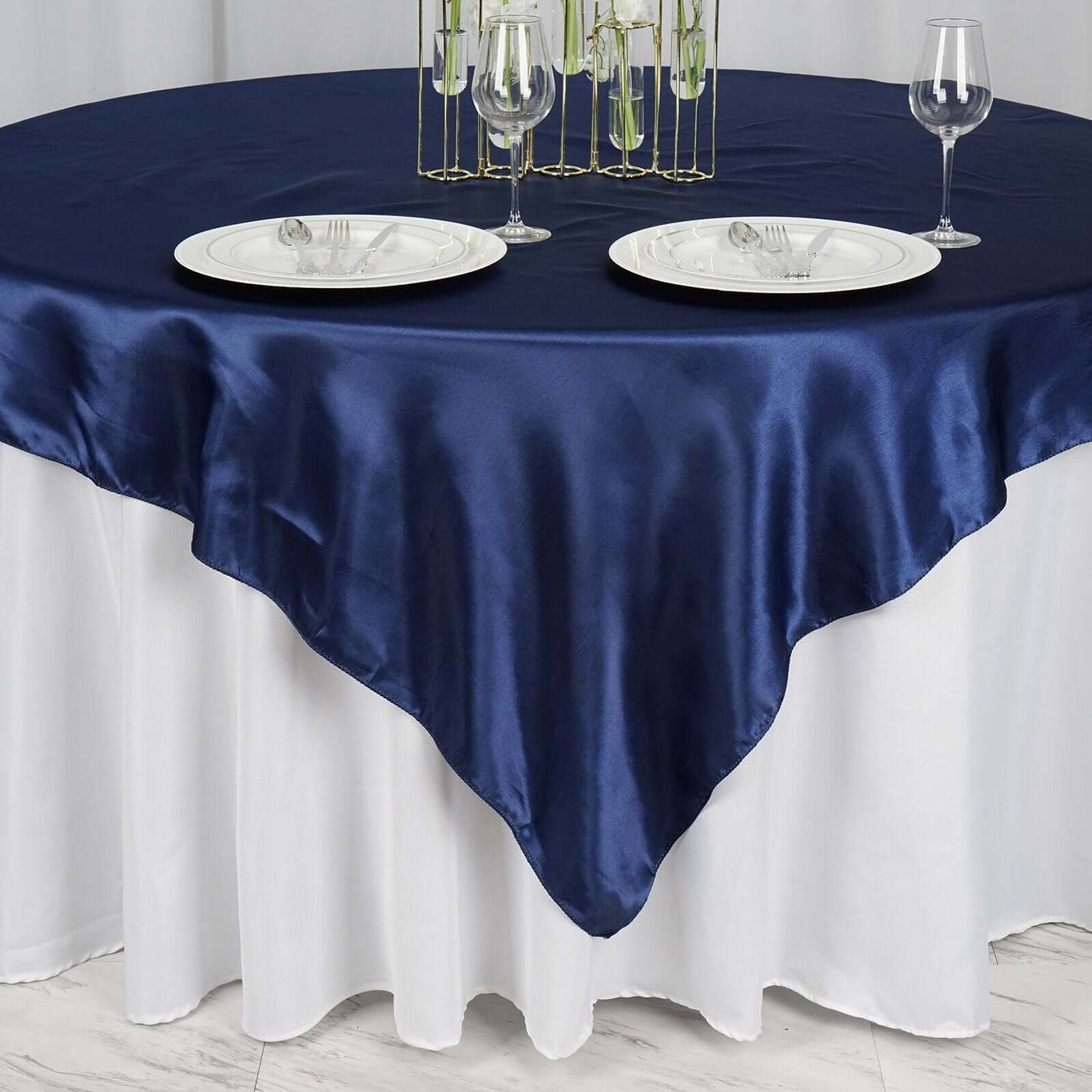 Satin 72"x72" Table Overlay Square Tablecloth Navy Blue - Smooth Finish Table Cover - Linen Luxes