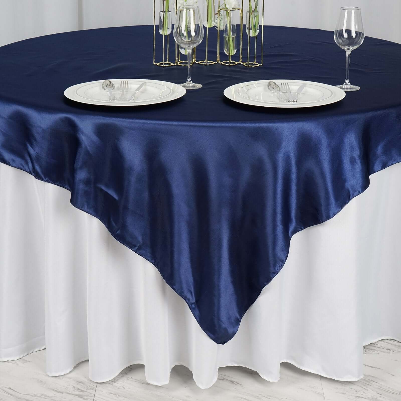 Satin 72"x72" Table Overlay Square Tablecloth Navy Blue - Smooth Finish Table Cover - Linen Luxes