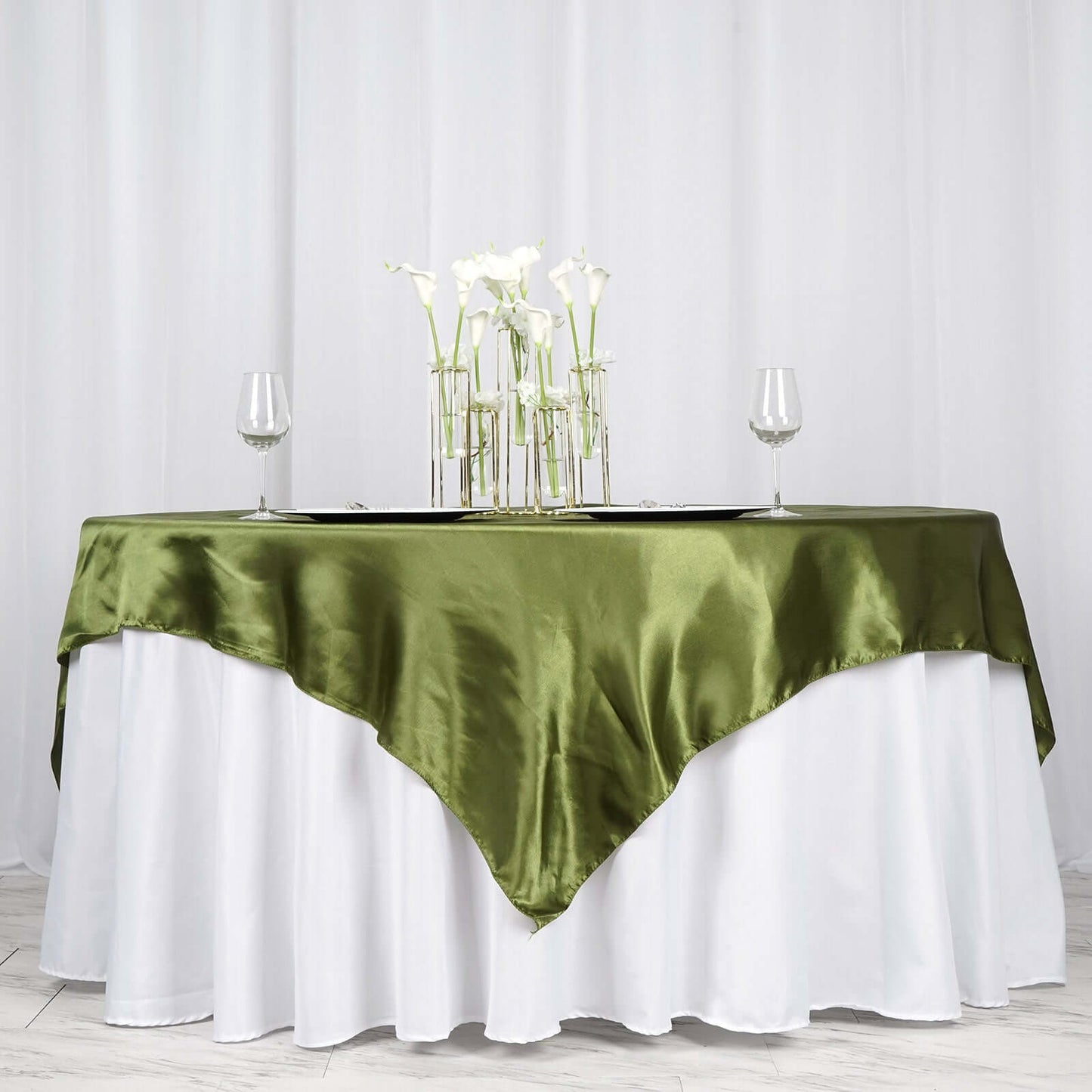 Satin 72"x72" Table Overlay Square Tablecloth Olive Green - Smooth Finish Table Cover - Linen Luxes