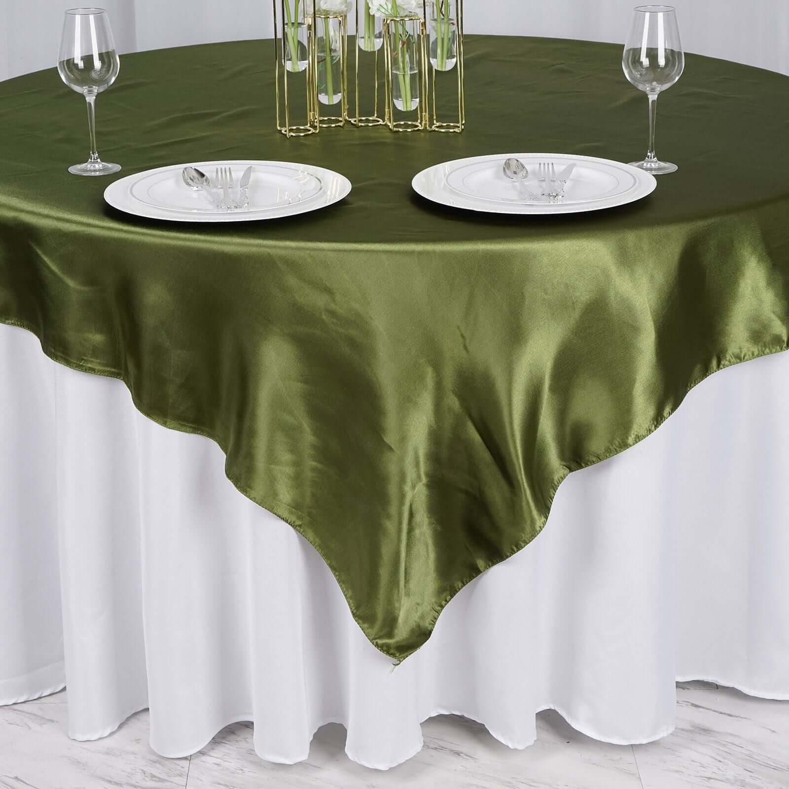 Satin 72"x72" Table Overlay Square Tablecloth Olive Green - Smooth Finish Table Cover - Linen Luxes