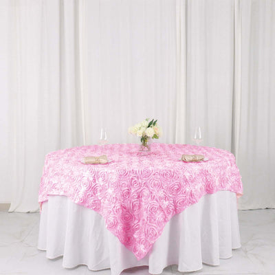 Satin 72"x72" Table Overlay Square Tablecloth Pink - 3D Rosette Table Cover - Linen Luxes