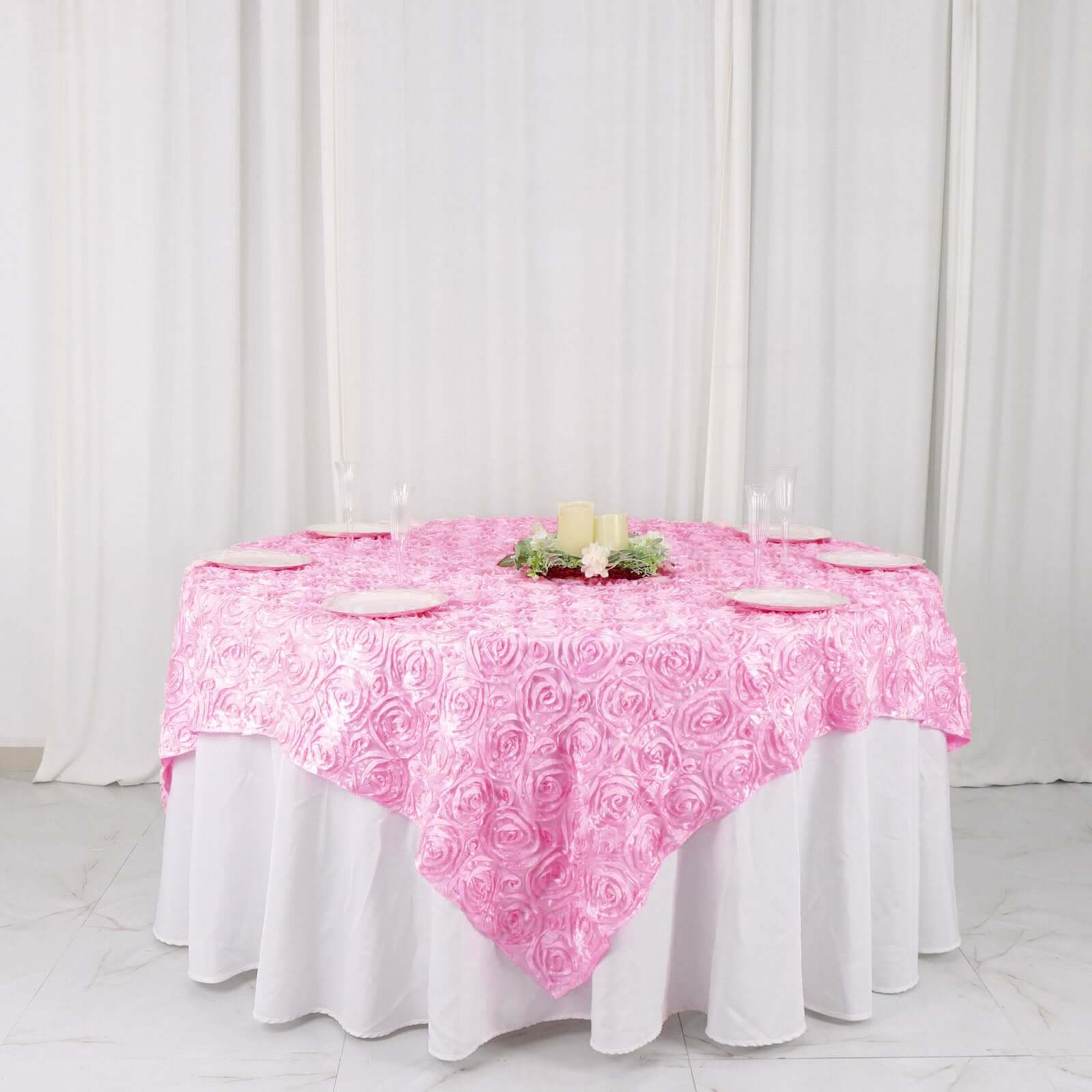 Satin 72"x72" Table Overlay Square Tablecloth Pink - 3D Rosette Table Cover - Linen Luxes