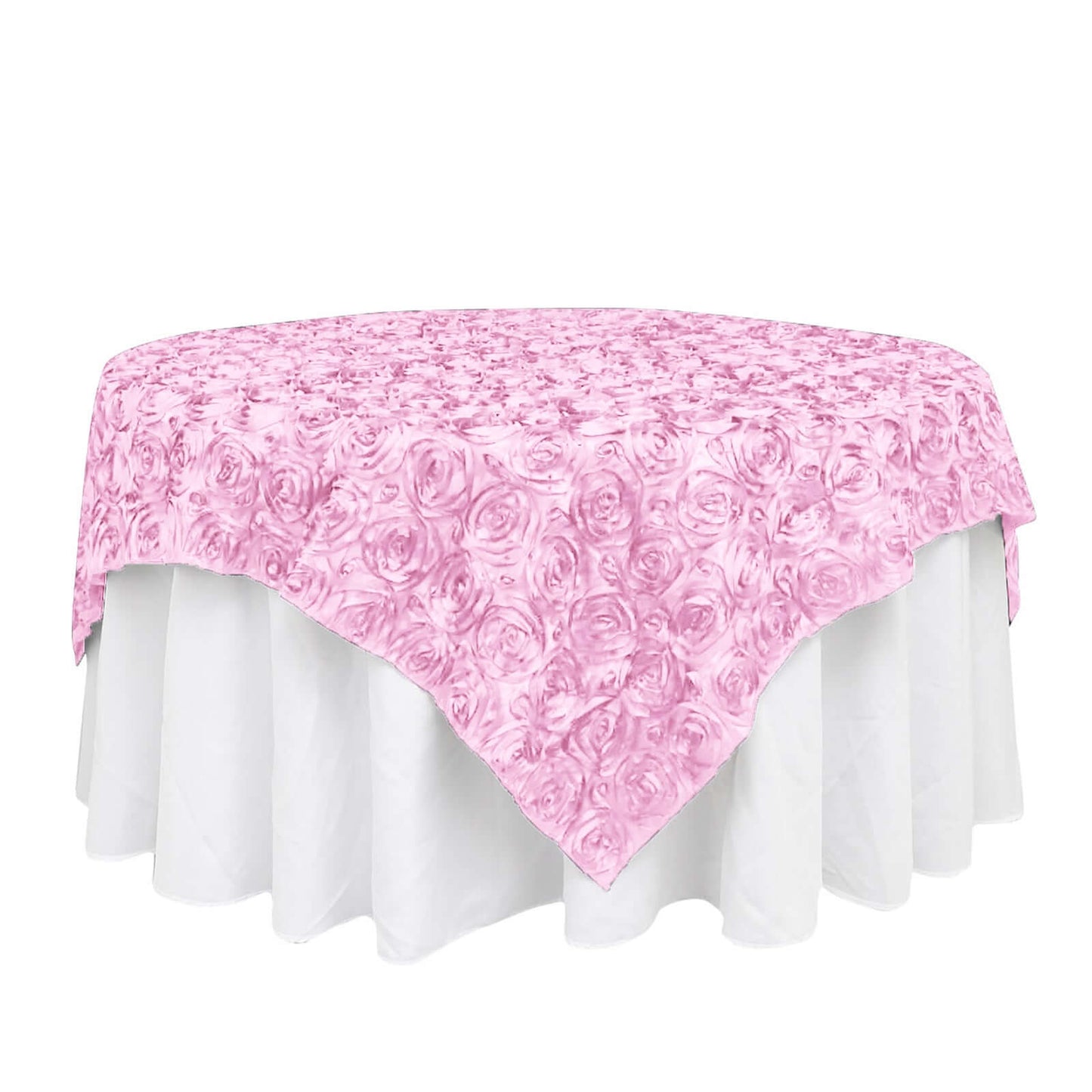 Satin 72"x72" Table Overlay Square Tablecloth Pink - 3D Rosette Table Cover - Linen Luxes