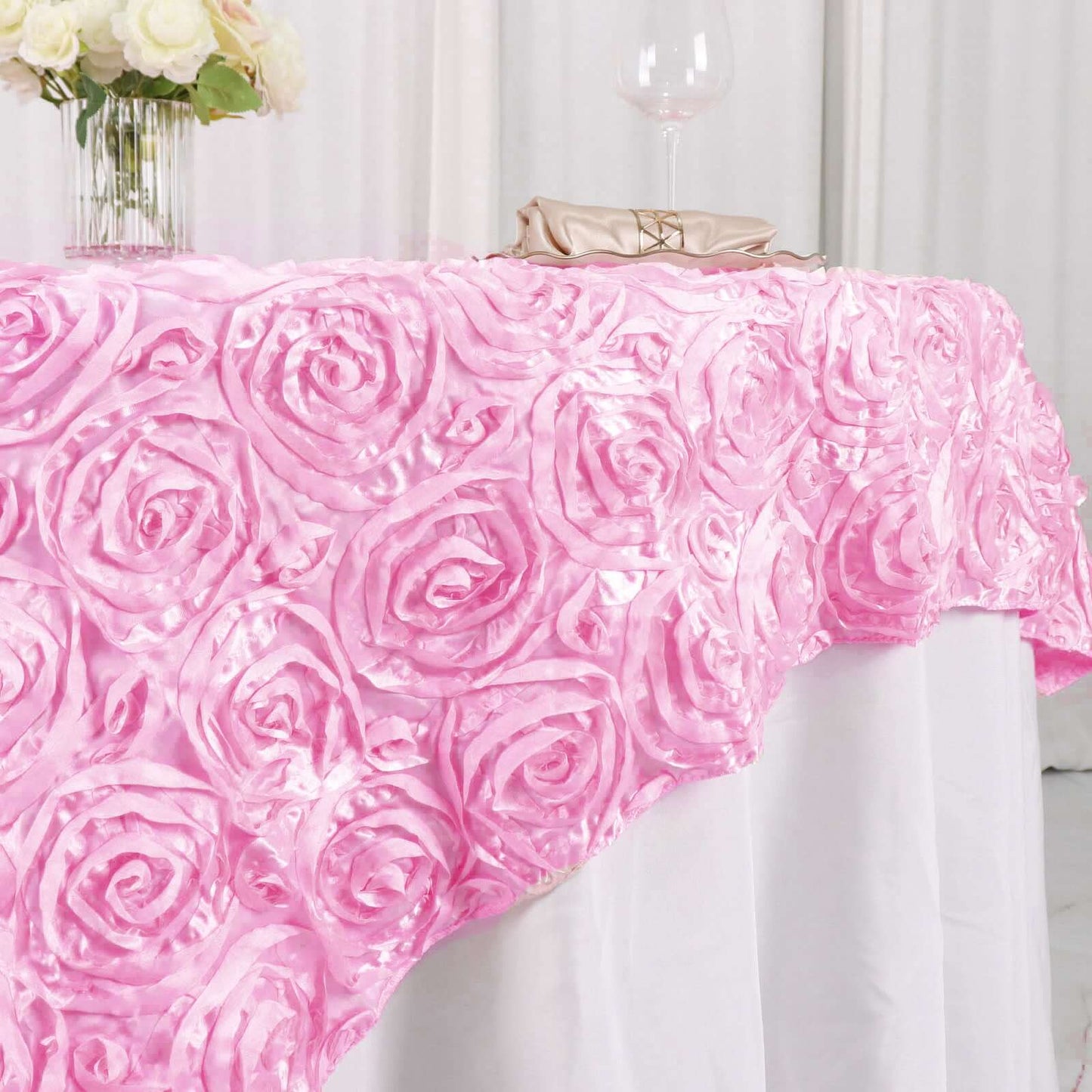 Satin 72"x72" Table Overlay Square Tablecloth Pink - 3D Rosette Table Cover - Linen Luxes