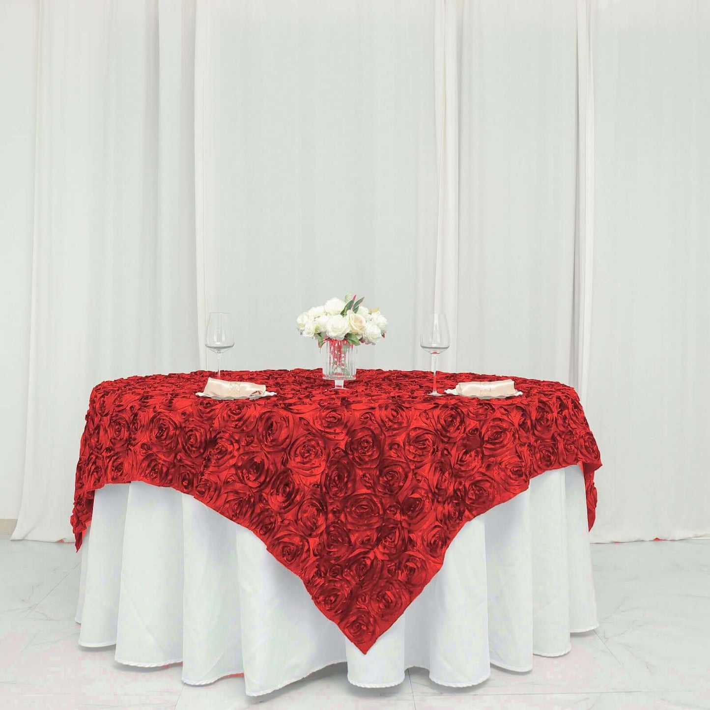 Satin 72"x72" Table Overlay Square Tablecloth Red - 3D Rosette Table Cover - Linen Luxes