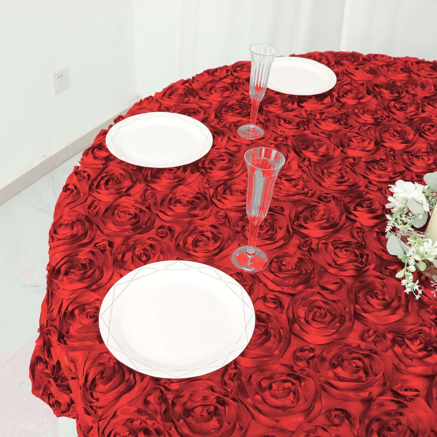 Satin 72"x72" Table Overlay Square Tablecloth Red - 3D Rosette Table Cover - Linen Luxes