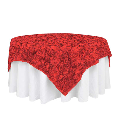 Satin 72"x72" Table Overlay Square Tablecloth Red - 3D Rosette Table Cover - Linen Luxes