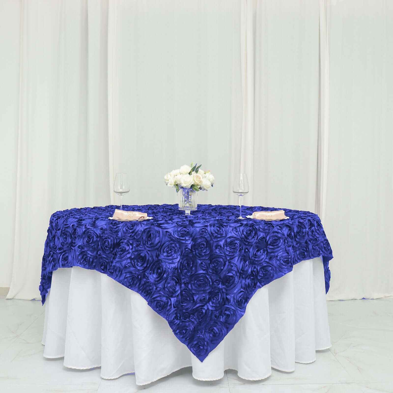 Satin 72"x72" Table Overlay Square Tablecloth Royal Blue - 3D Rosette Table Cover - Linen Luxes