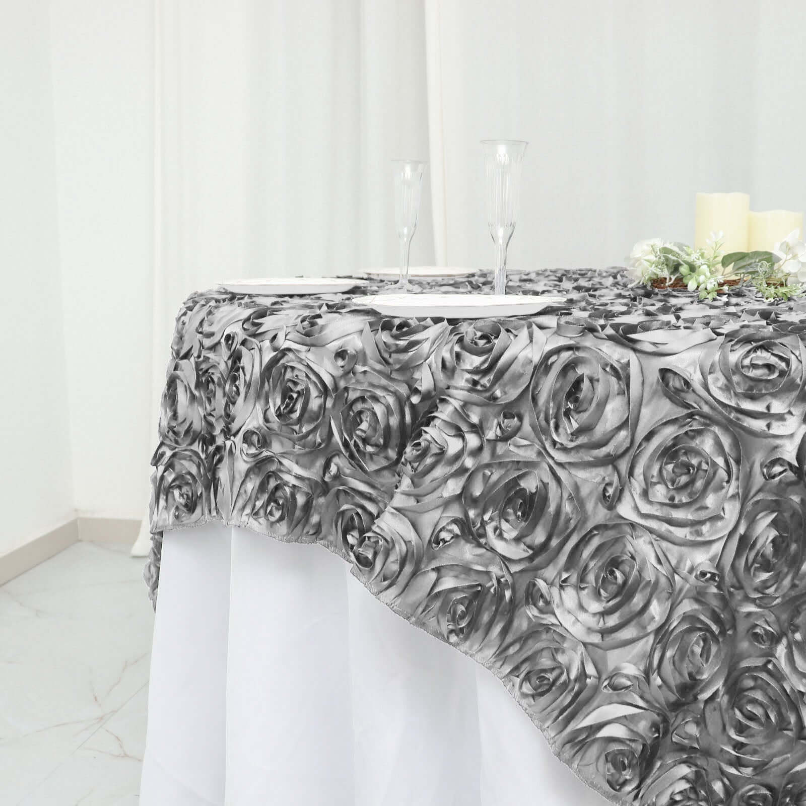 Satin 72"x72" Table Overlay Square Tablecloth Silver - 3D Rosette Table Cover - Linen Luxes