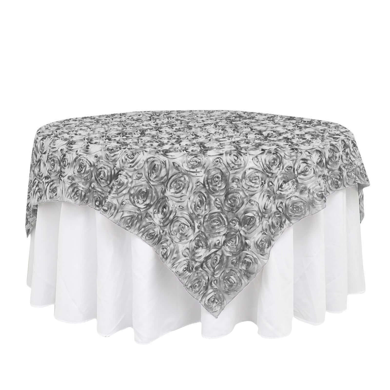 Satin 72"x72" Table Overlay Square Tablecloth Silver - 3D Rosette Table Cover - Linen Luxes