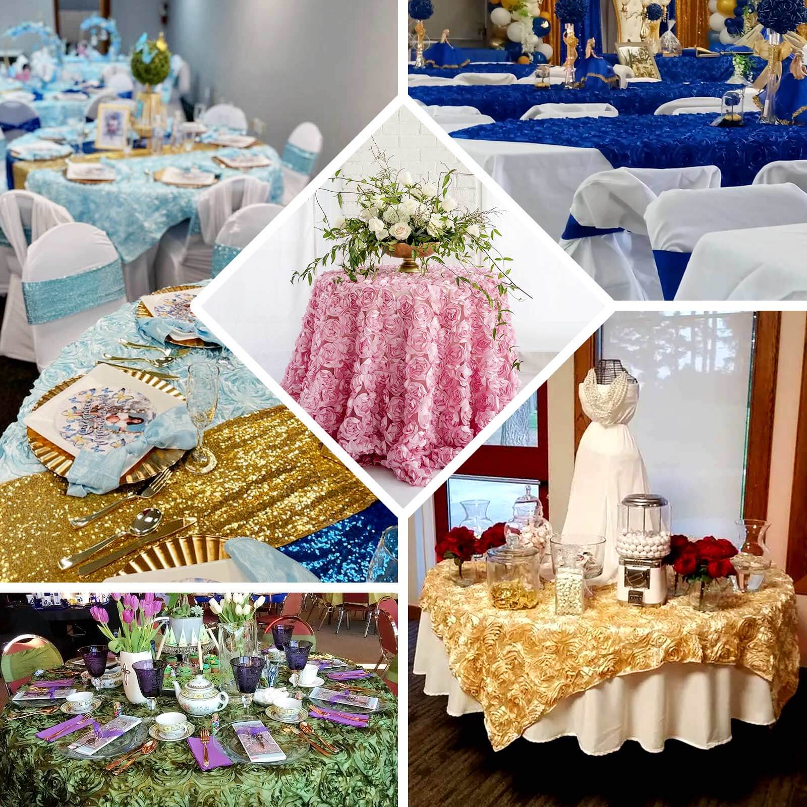 Satin 72"x72" Table Overlay Square Tablecloth Silver - 3D Rosette Table Cover - Linen Luxes