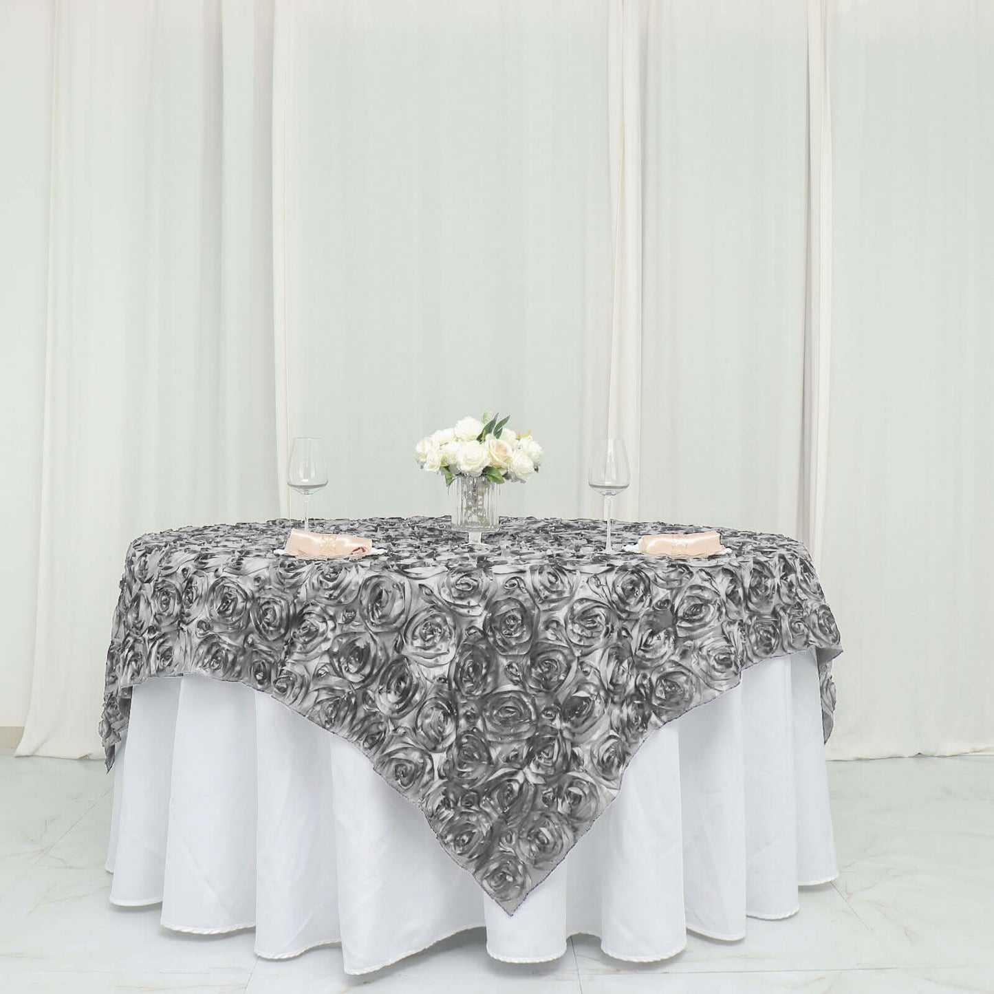 Satin 72"x72" Table Overlay Square Tablecloth Silver - 3D Rosette Table Cover - Linen Luxes