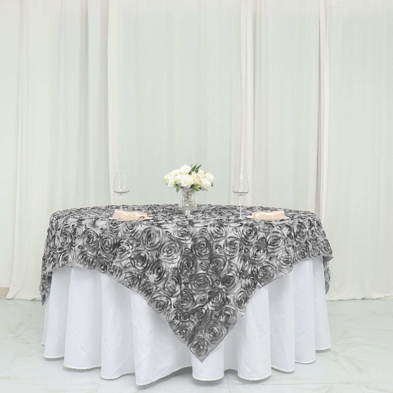Satin 72"x72" Table Overlay Square Tablecloth Silver - 3D Rosette Table Cover - Linen Luxes