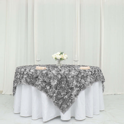 Satin 72"x72" Table Overlay Square Tablecloth Silver - 3D Rosette Table Cover - Linen Luxes
