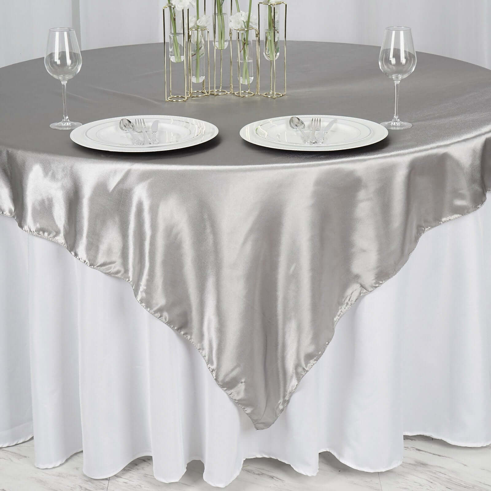 Satin 72"x72" Table Overlay Square Tablecloth Silver - Smooth Finish Table Cover - Linen Luxes