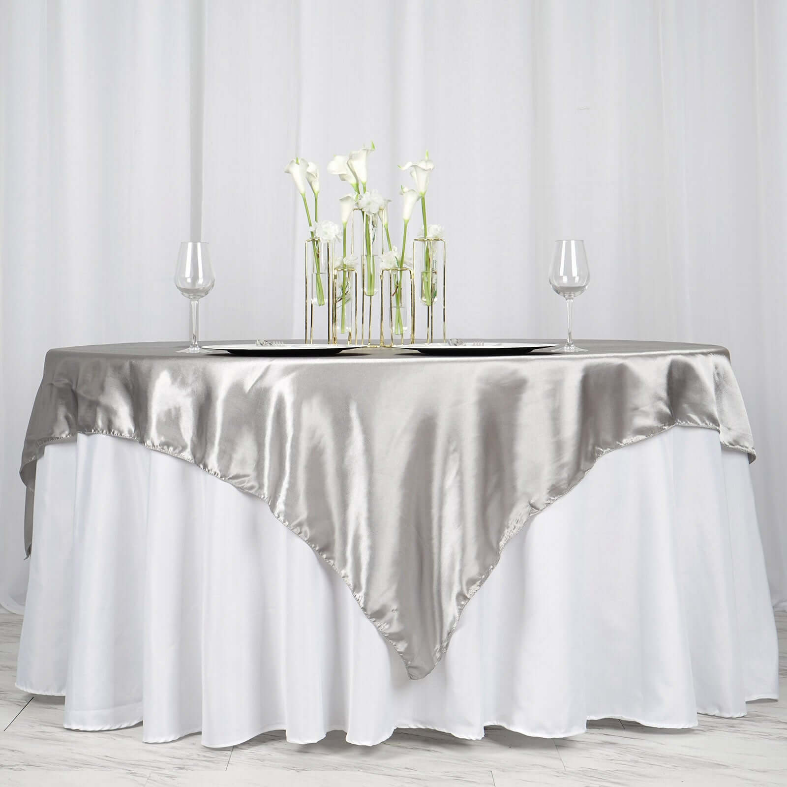 Satin 72"x72" Table Overlay Square Tablecloth Silver - Smooth Finish Table Cover - Linen Luxes