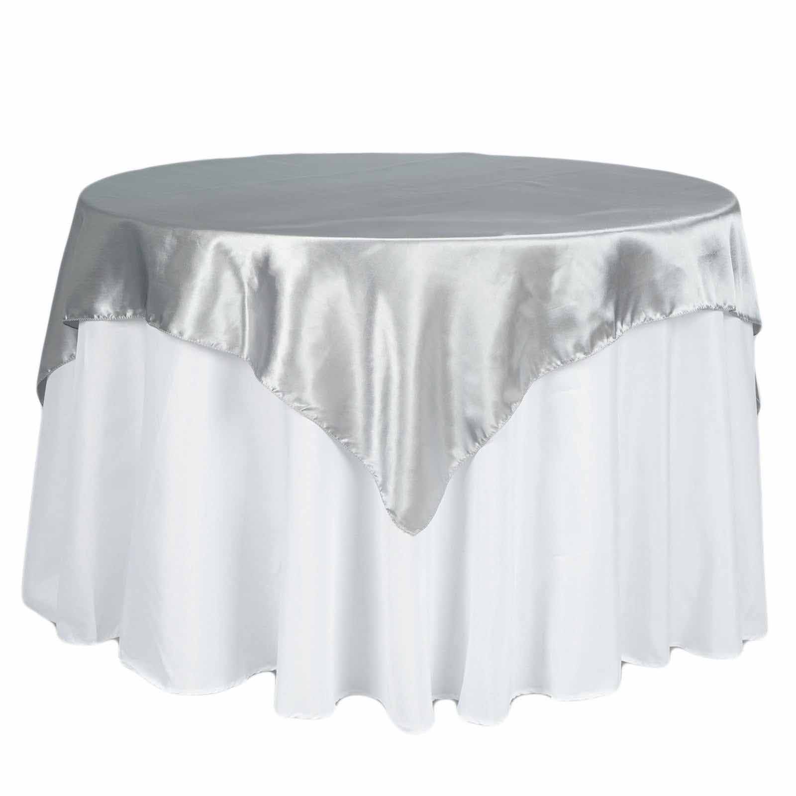 Satin 72"x72" Table Overlay Square Tablecloth Silver - Smooth Finish Table Cover - Linen Luxes