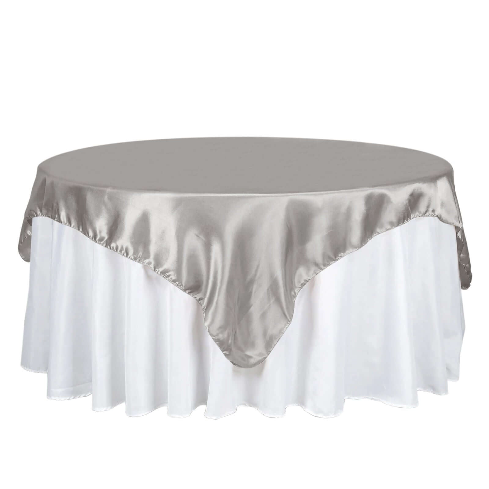Satin 72"x72" Table Overlay Square Tablecloth Silver - Smooth Finish Table Cover - Linen Luxes