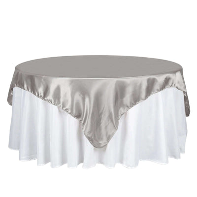 Satin 72"x72" Table Overlay Square Tablecloth Silver - Smooth Finish Table Cover - Linen Luxes