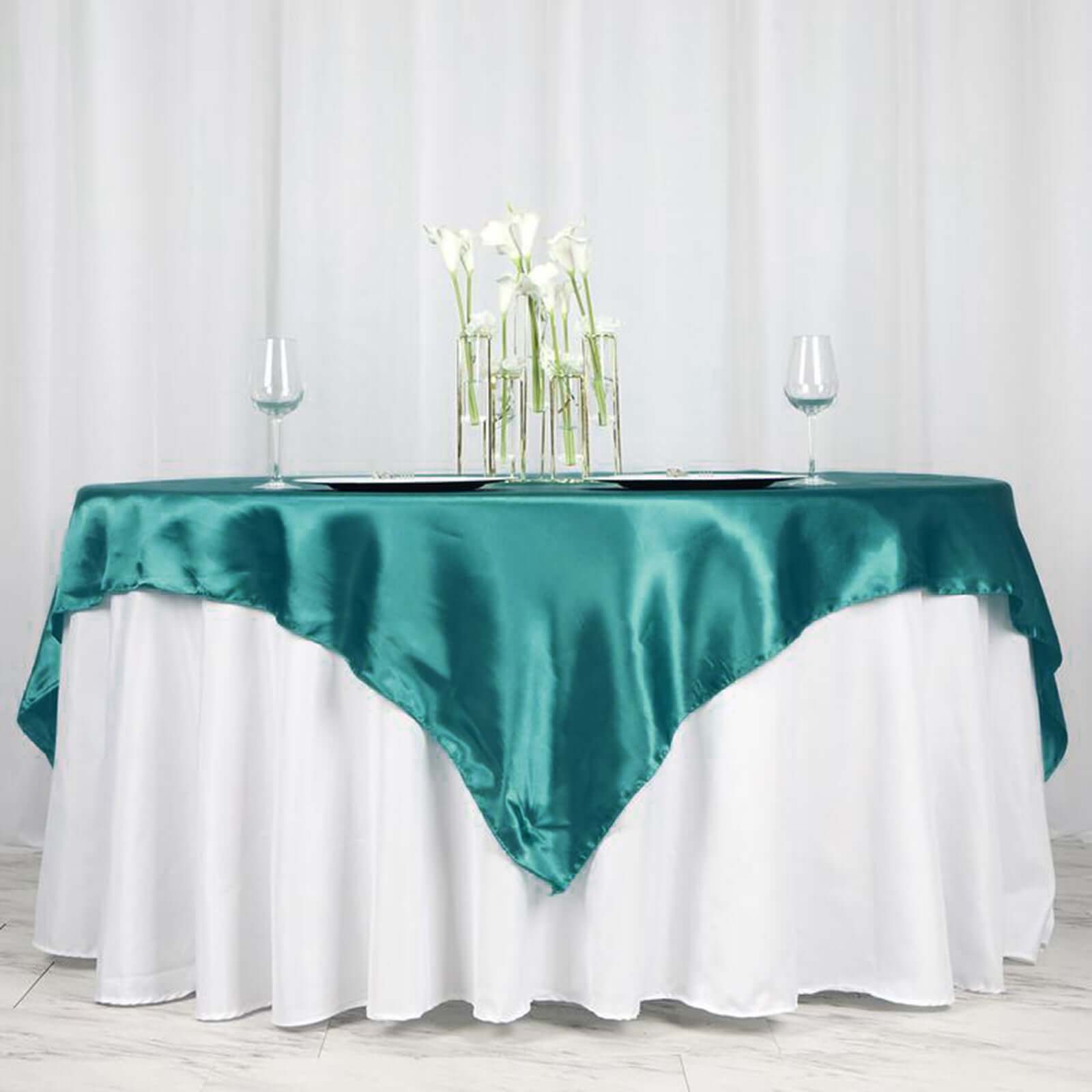 Satin 72"x72" Table Overlay Square Tablecloth Turquoise - Smooth Finish Table Cover - Linen Luxes