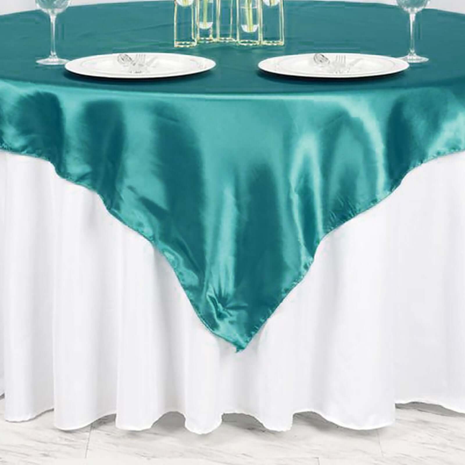 Satin 72"x72" Table Overlay Square Tablecloth Turquoise - Smooth Finish Table Cover - Linen Luxes